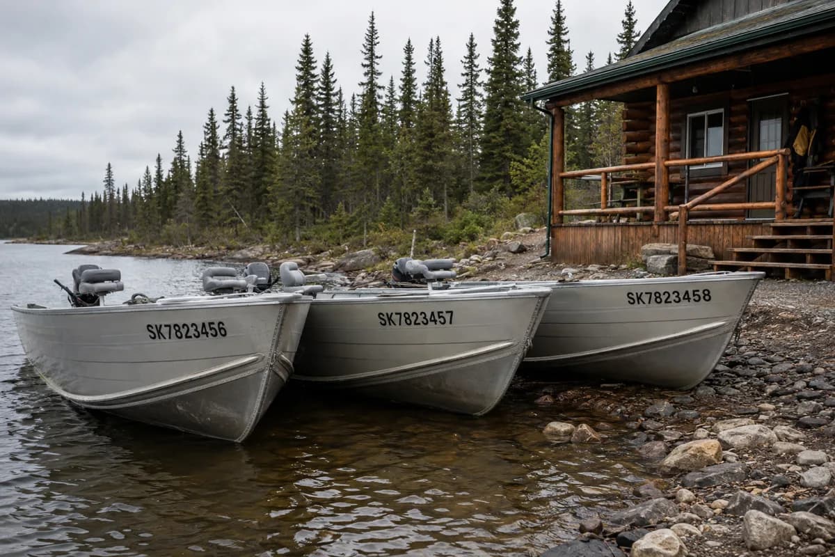 Three aluminum outfitter fishing boats on a northern Saskatchewan lakeshore, each with matching black SK registration numbers on the bow