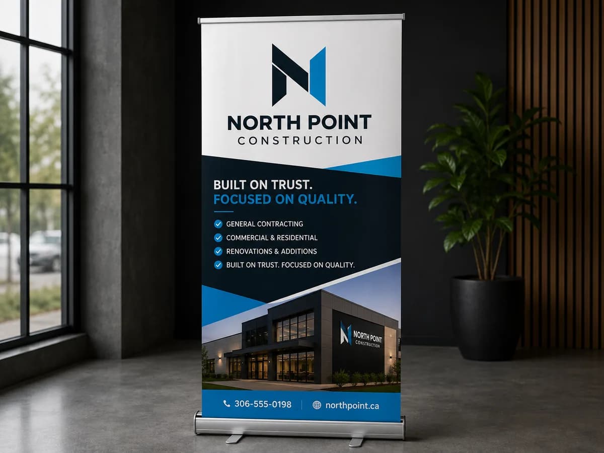 Illustrative custom logo applied to a retractable banner display in Saskatoon