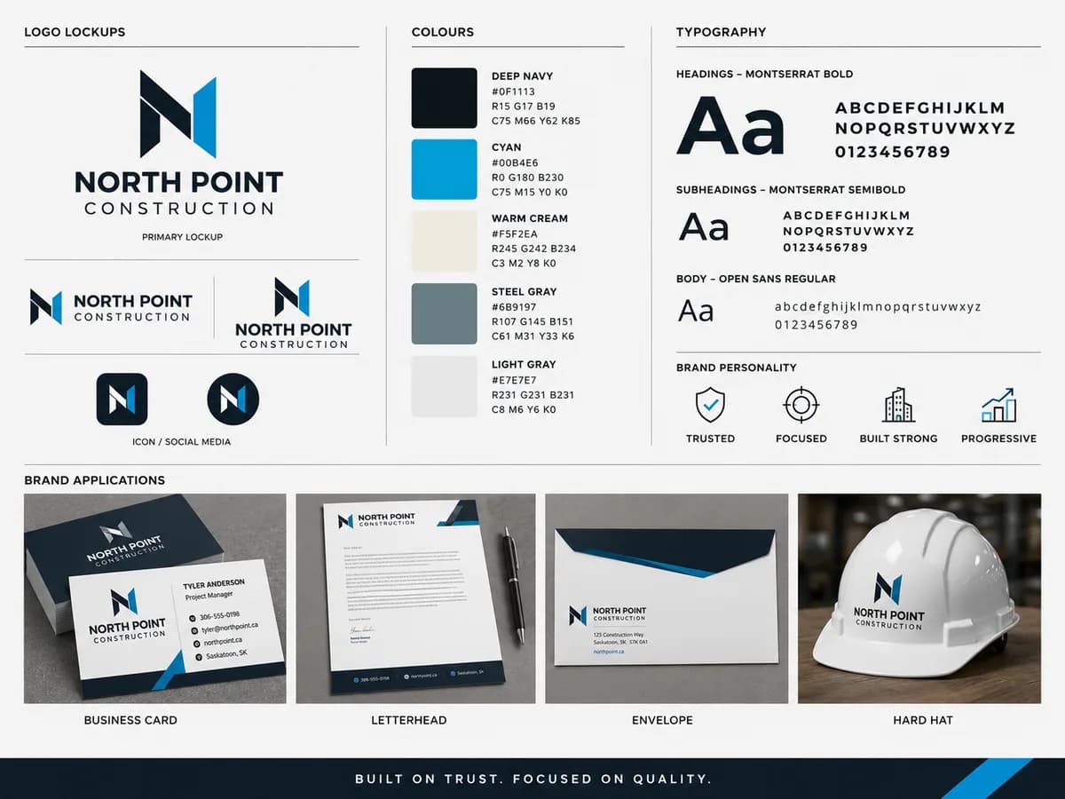 Illustrative logo colour palette typography and layout system prepared for print in Saskatoon