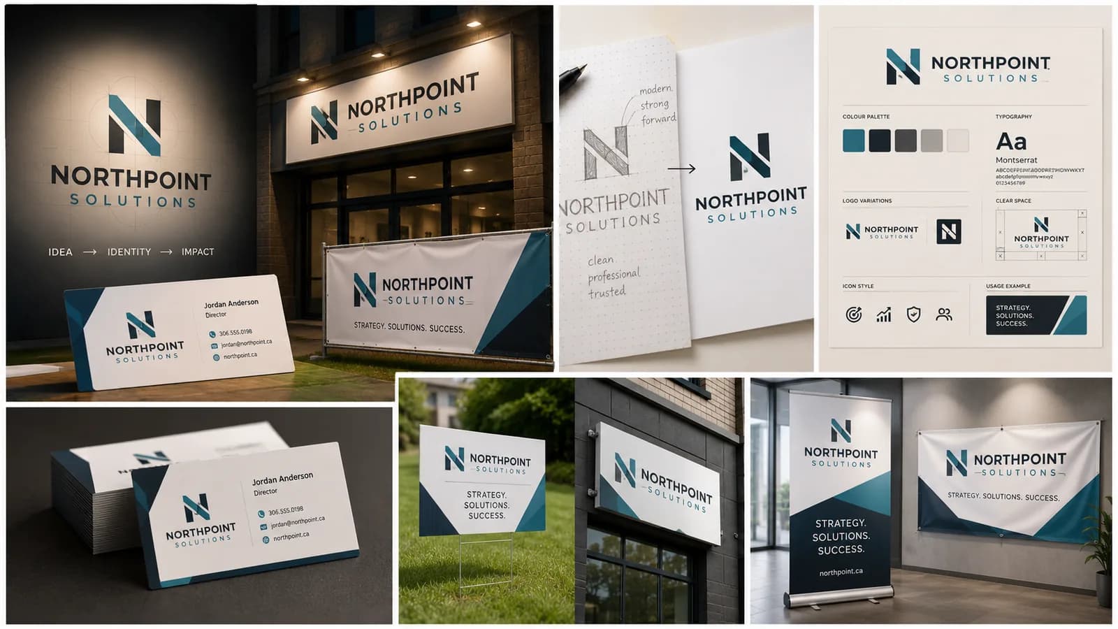 Illustrative Saskatoon logo design concept applied to business cards, storefront signage, and a banner