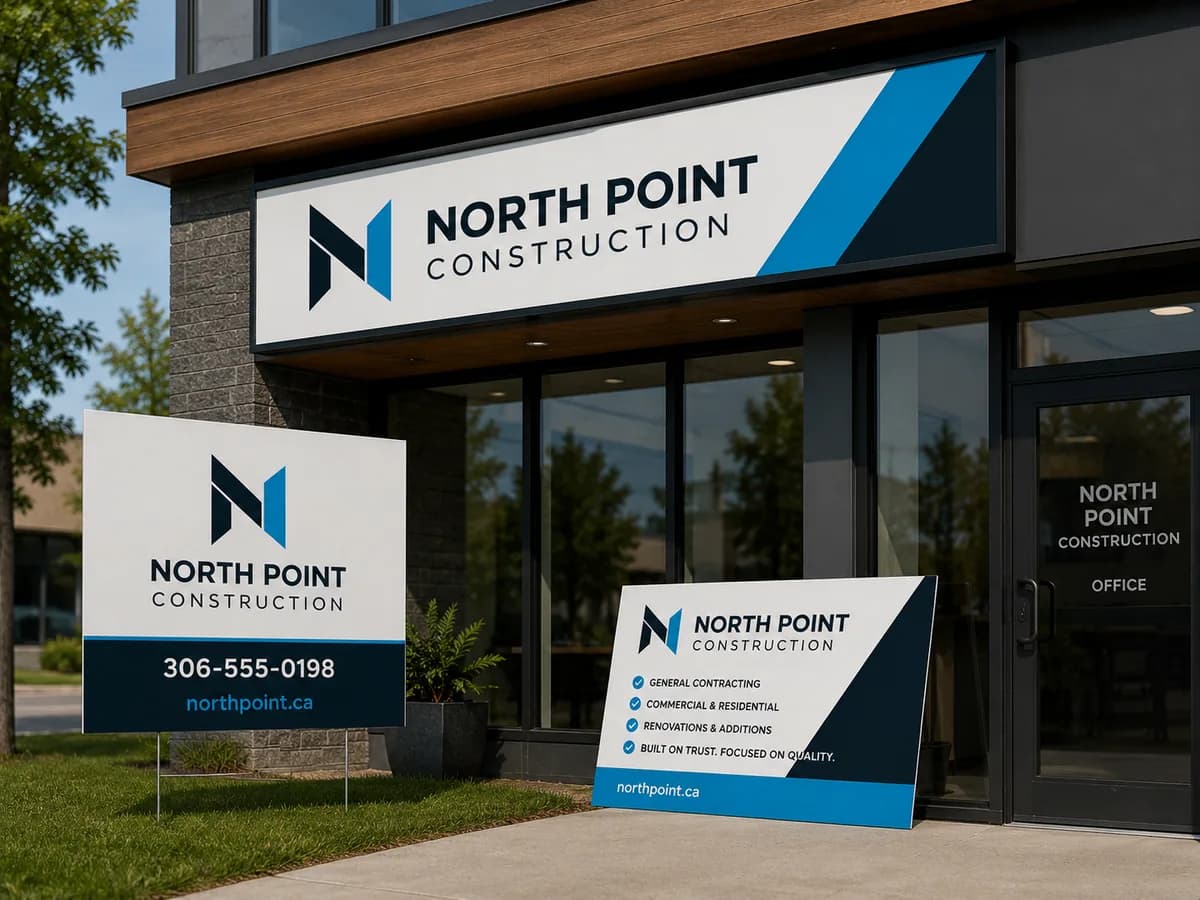 Illustrative custom logo applied to storefront and coroplast signage in Saskatoon
