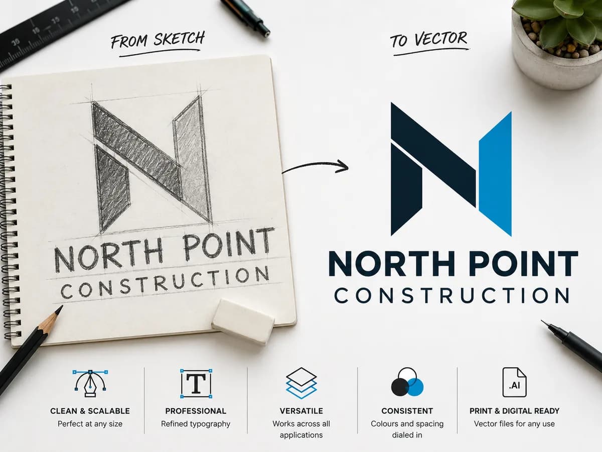 Illustrative sketch converted into clean vector logo artwork for a Saskatoon construction brand