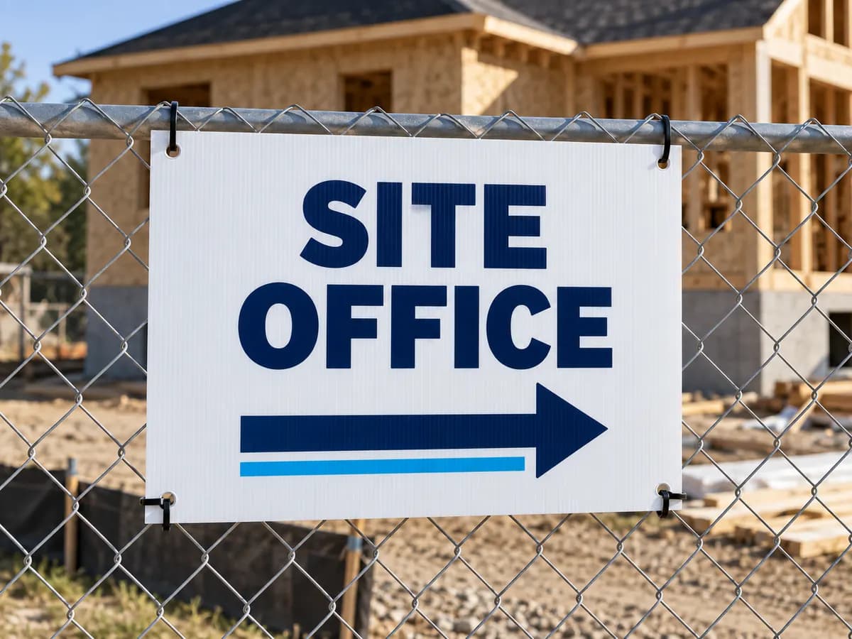 Illustrative site office sign with a right arrow tied to a construction fence