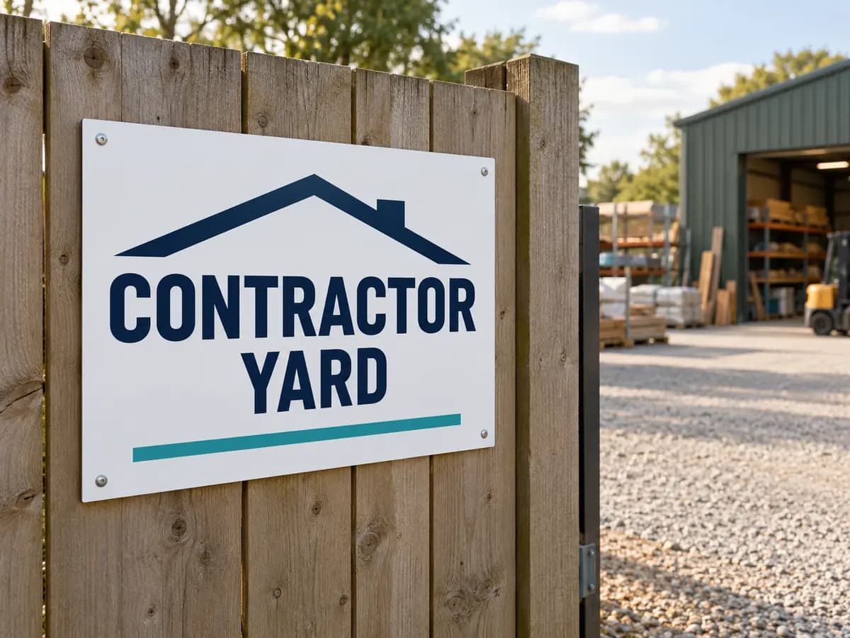 Illustrative contractor yard sign with a roof graphic on a wood fence