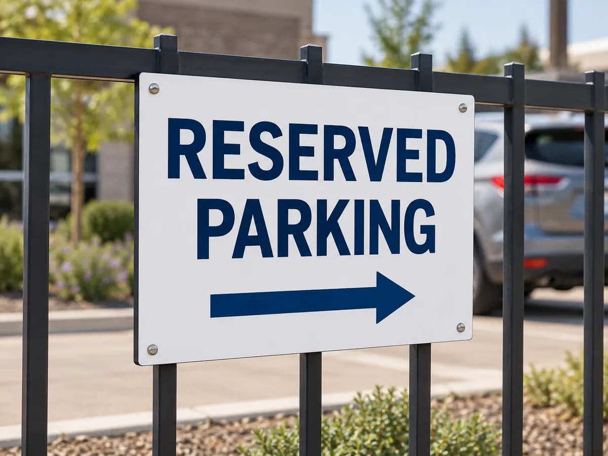 Illustrative white parking sign with RESERVED PARKING text and right arrow on a fence