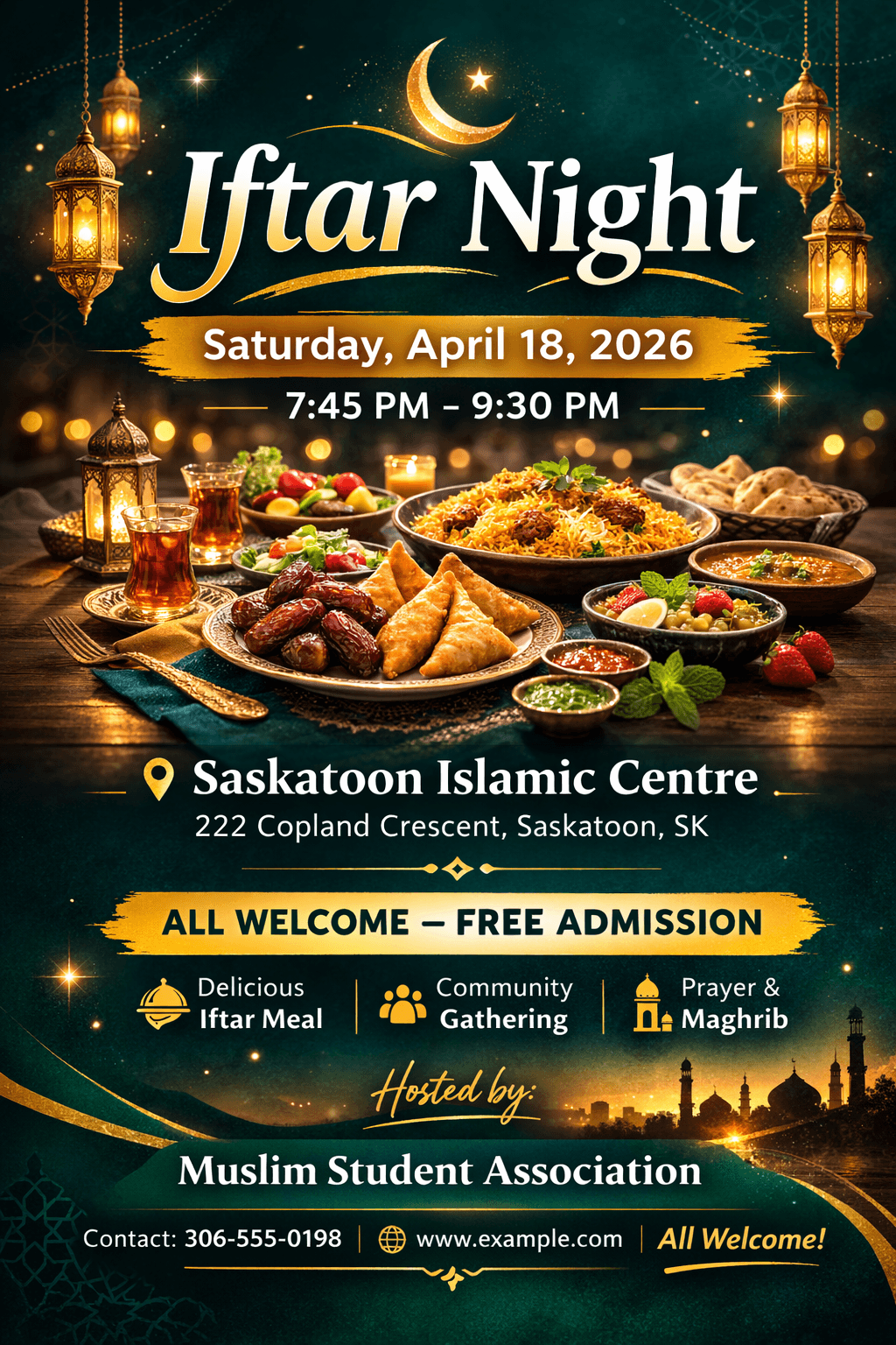 Bold announcement flyer for Iftar Night — dark green with food photography