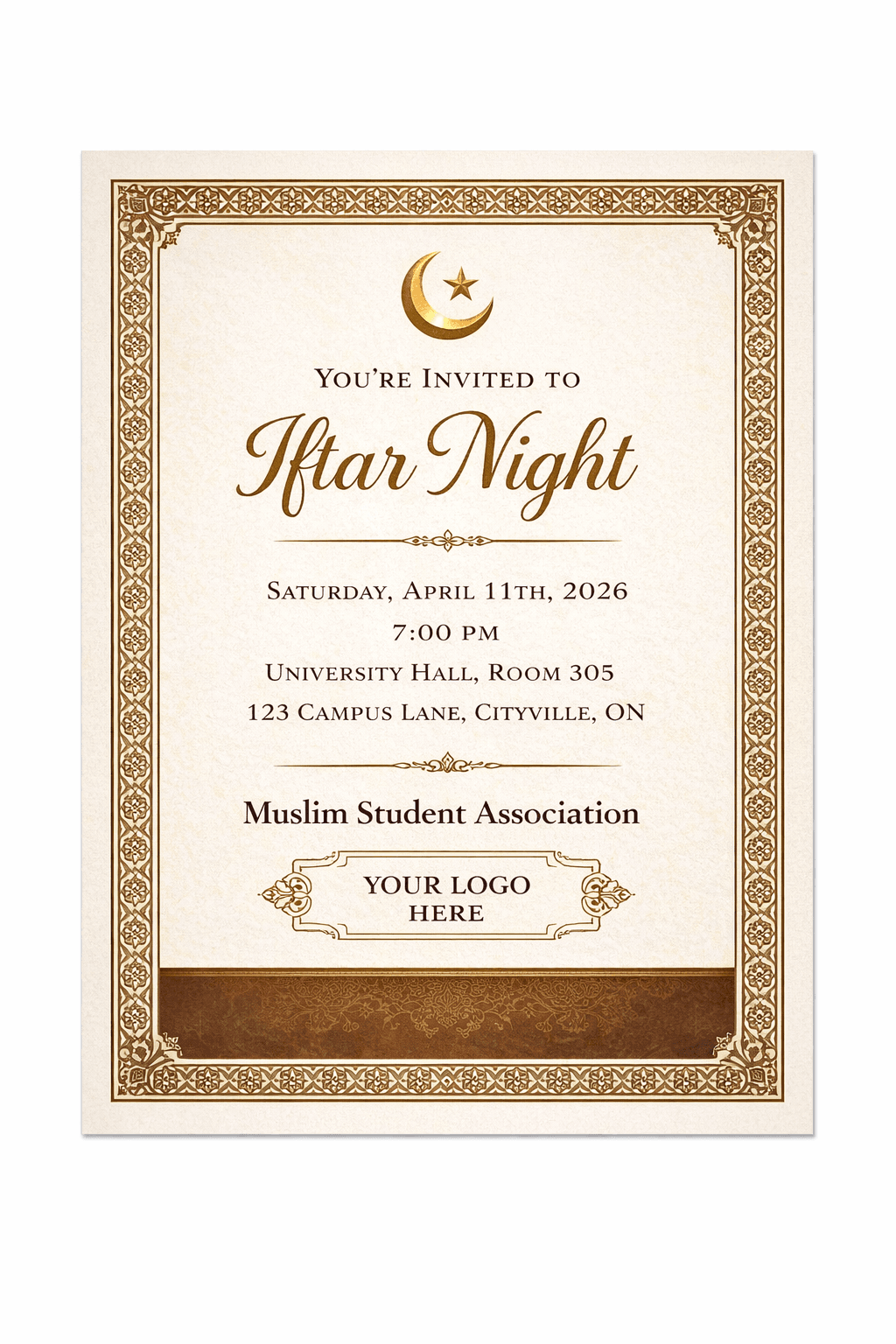 Formal invitation flyer for Iftar Night — cream gold arabesque border
