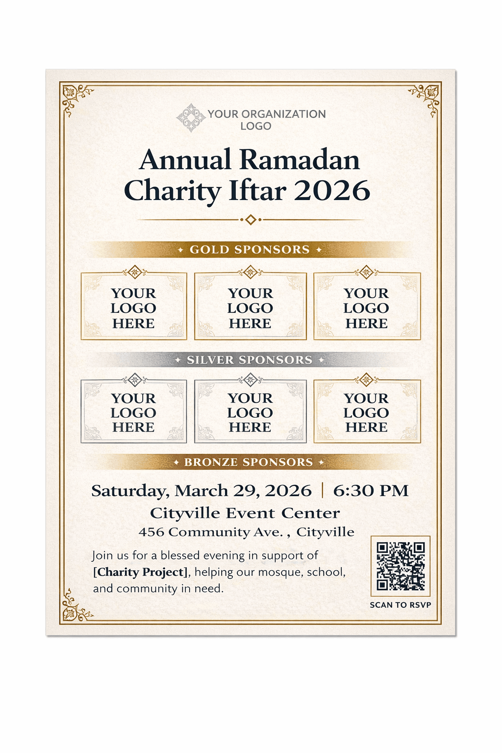 Sponsorship layout flyer for Ramadan charity iftar — gold tiers